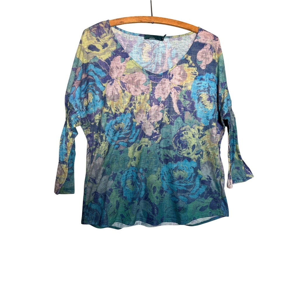 Prana Womens Floral Burnout V-Neck Top Rose Dolman Sleeve L Nature Outdoor LIght